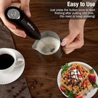 SIMPLETASTE Milk Frother Handheld Electric Foam Maker, Drink Mixer with Stainless Steel Whisk for Cappuccino, Bulletproof Coffee, Latte, Black, with Stand, Battery Operated