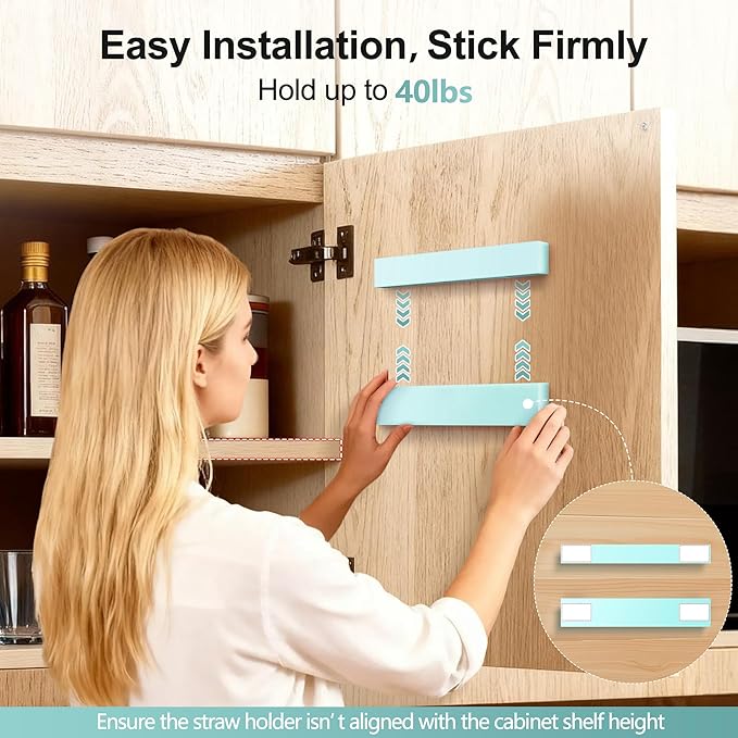 9.5” Large Acrylic Straw Holder for Cabinet Door, Reusable Adjustable Two-Part Straws Organizer with Ultra Sticky Adhesive Strips, 2026 Straw Storage for Kitchen Cupboard (Mint Blue)