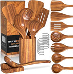 Natural Teak Kitchen Cooking Utensil Set with Holder, Wooden Spoons for Cooking, 10PCS Cooking Spatulas Set with Spoon Rest, Wooden Utensil Set for Nonstick Cookware Sturdy & Lightweight