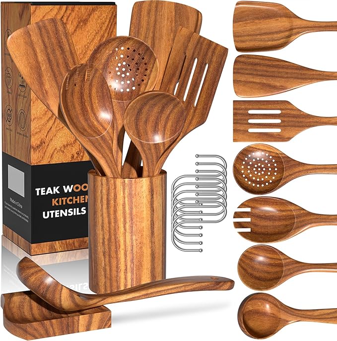 Natural Teak Kitchen Cooking Utensil Set with Holder, Wooden Spoons for Cooking, 10PCS Cooking Spatulas Set with Spoon Rest, Wooden Utensil Set for Nonstick Cookware Sturdy & Lightweight