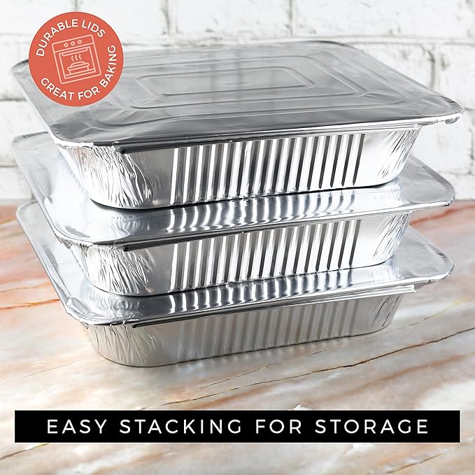 NYHI 9x13 Aluminum Pans With Lids, Disposable Half Size Steam Table Foil Pans for Catering, Baking, Roasting, Buffet Trays, Food Containers – (10 Pack)