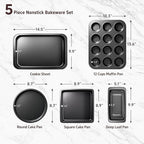 Baking Pans Set, 5-Piece Nonstick Bakeware Sets with Round/Square Cake Pan, Muffin Loaf Roast Pan, Baking Sheets for Oven, Kitchen Cookware Sets Baking Tray Baking Supplies, Black