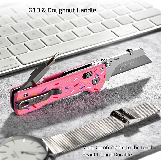 OKNIFE U1 Pro Multitool Folding Utility Knife with Folding Screwdriver, Quick Change Blade, Rail Lock & Pocket Clip for Men Women（Doughnut）