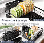 Dish Drying Rack - Rust Resistant Dish Drainer for Kitchen Counter with Drainboard & Rotating Spout, Large-Capacity Dish Rack with Removable Utensil Holder, Space-saving kitchen organizer, Black