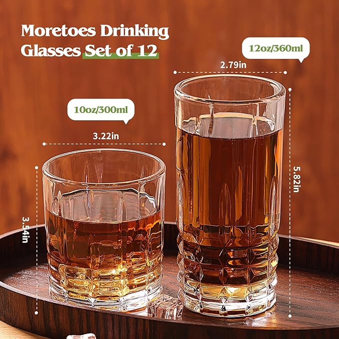 Moretoes Drinking Glasses Set of 12, 6 Highball Glasses 12oz,6 Rocks Glasses 10oz,Mixed Drink Cocktail Glass, Vintage Embossed Glassware Sets for Whiskey,Mocktails, Water & Juice Drinkware
