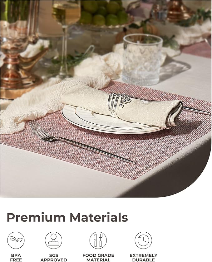 Leetaltree Luxury Pink Iridescent Placemats Set of 12 - Waterproof Washable for Wedding, Anniversary, Festive and Daily Use - Sparkling Table Mats Table Decor - Hand-Cut