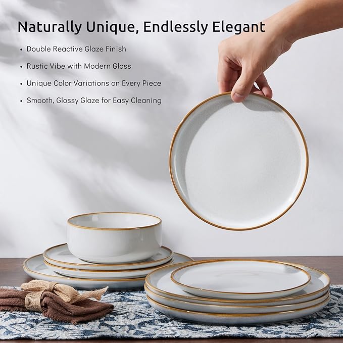 E-far Plates and Bowls Set for 4, 12-Piece Stoneware Dinnerware Sets, Ceramic Dinning Ware Reactive Glaze Dishes Set, Microwave & Dishwasher Safe - Seashell White