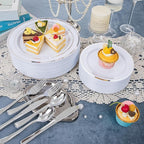 WELLIFE 450 PCS Silver Disposable Dinnerware Set for 75 Guests, Wedding Plates Silver Plastic Plates for Party, Including 75 Dinner Salad Plates, Cups, Forks Knives Spoons for Wedding and Party