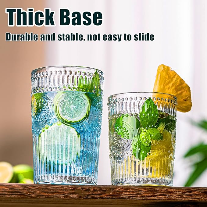 Vintage Drinking Glasses Set of 12, Textured Clear Striped Glass Cups-6 Highball Glasses 13oz & 6 Rocks Glasses 10oz, Ribbed Glassware Set, Mojito Cups, Cocktail Glass, Iced Coffee Cup