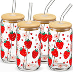 Glass Cups with Lids and Straws with Design Strawberry 4 pcs,Clear Glass Cups 16 oz-DWTS Drinking Glasses Set,Glass Tumbler,Cute Design Glass Iced Coffee Cups with Lids and Straws