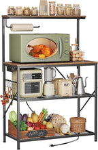 Huuger 4-Tier Bakers Rack with Reversible Power Outlet, 31.5 Inch Microwave Stand, Kitchen Bar, with Top Shelf, 6 S Hooks, Rustic Brown
