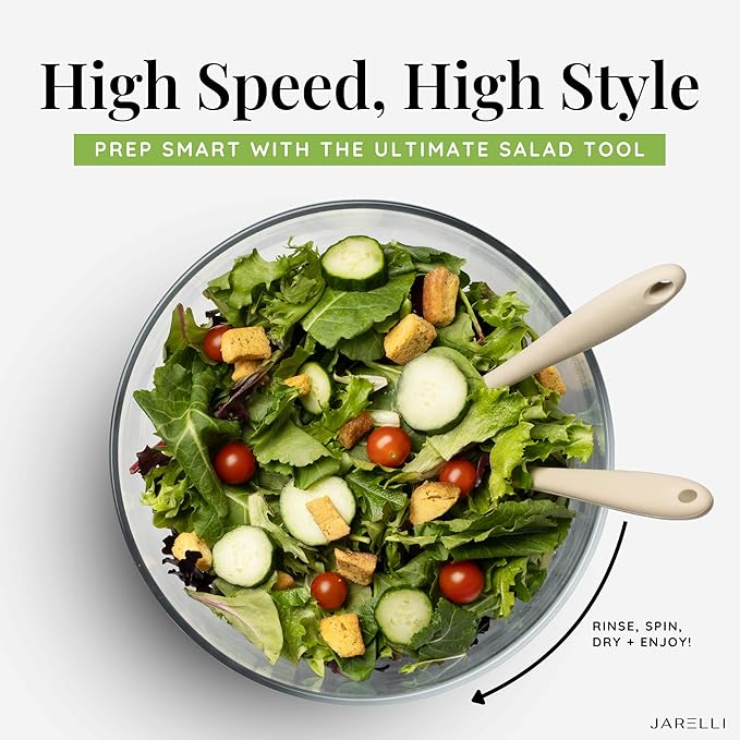 Glass Salad Spinner Large Capacity 6.3QT with Storage Lid | Boroscilicate Glass Bowl and BPA-Free and Food-Safe Colander, Base, Spinner Lid and Storage Lid | Washing, Spinning, and Draining