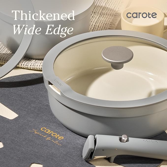 Carote 20pcs Ceramic Cookware Set with Detachable Handles, Pots and Pans Set Non Stick, RV Kitchen Cooking Pot and Pan, Dishwasher Safe, Non-toxic Induction Cookware PFAS and PFOA Free, Grey