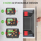 NutriChef Nonstick Baking Pans Set – Premium Cookie Sheets for Baking, Carbon Steel Stackable Baking Trays with Red Silicone Handles, Oven Safe Pans for Cookies, and Cakes, Dishwasher Safe (6 Pack)