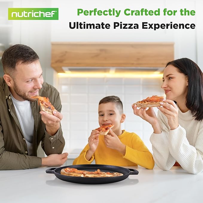 NutriChef 13-Inch Flat Cast Iron Pizza Pan - Versatile Pre-Seasoned Round Cooking Griddle w/ Built-In Handles for Oven, Grill, Stove, and Campfires