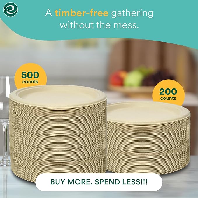 ECO SOUL 100% Compostable 10 Inch Paper Plates 200 [2x100 Pc] Disposable Party Plates I Heavy Duty Eco-Friendly Sturdy Dinner, Wedding, Event Plates I Biodegradable Unbleached Sugarcane Eco Plates