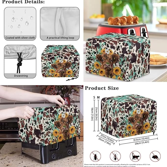 Highland Cow 2 Slice Toaster Blender Slow Cooker Covers Daisies Dust Proof Bag Covers Sunflower Kitchen Accessories Set Splash Resistant Keep Appliance Clean 3 Pieces