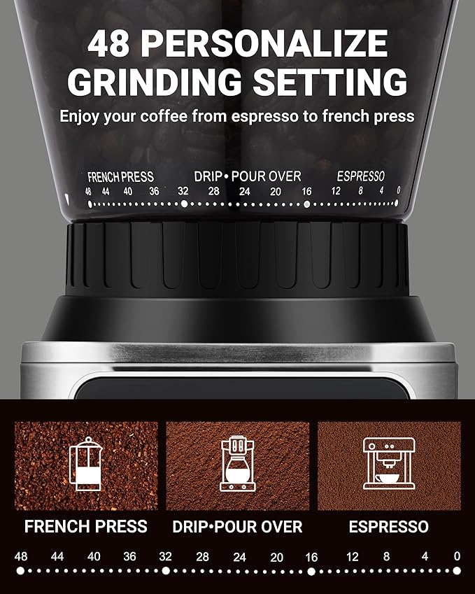 AMZCHEF Coffee Grinder, Coffee Bean Grinder for Home Use with Precise Grinding, LED Control Panel, Detachable Funnel Stand, Anti-static Design, 48 Grind Settings, Silver