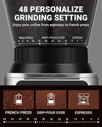 AMZCHEF Coffee Grinder, Coffee Bean Grinder for Home Use with Precise Grinding, LED Control Panel, Detachable Funnel Stand, Anti-static Design, 48 Grind Settings, Silver