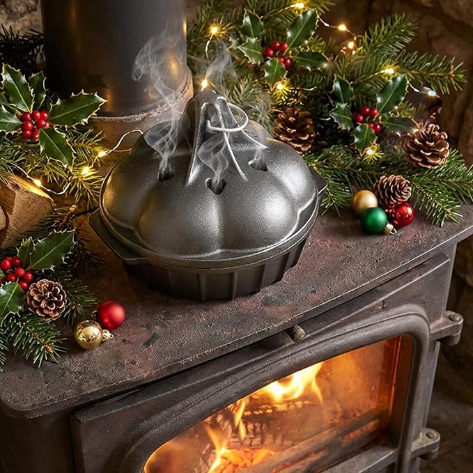 Wood Stove Steamer & Woodstove Steamer Stove Humidifier Cast Iron, 2.3 Quart Round Fireplace Humidifier & Simmer Pots with Heart-shaped Vent At The Top Covers (Round-1)
