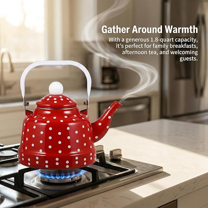 1.8 Quart Red Vintage Enamel Tea Kettle - Stovetop Safe Cute Retro Water Kettle, Enamel on Steel No Whistling Hot Water Pot for Home Kitchen Decor, Coffee & Tea Making