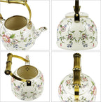 Vintage Enamel Tea Kettle, Rose Floral Pattern Stovetop Teapot with Gold Handle, 2.5L Enamel Kettle Kitchen Decor, Ideal Gift for Housewarming Camping Coffee Pot