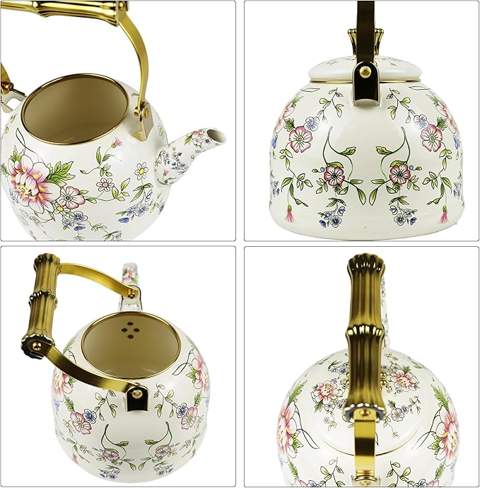 Vintage Enamel Tea Kettle, Rose Floral Pattern Stovetop Teapot with Gold Handle, 2.5L Enamel Kettle Kitchen Decor, Ideal Gift for Housewarming Camping Coffee Pot