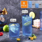 Loivttvv Glassware Drinking Glasses Set of 8, 14 oz Highball Glasses & 10 oz Ribbed Glass Cups, Vintage Glassware for Water, Juice, Cocktail, Whiskey (Blue)