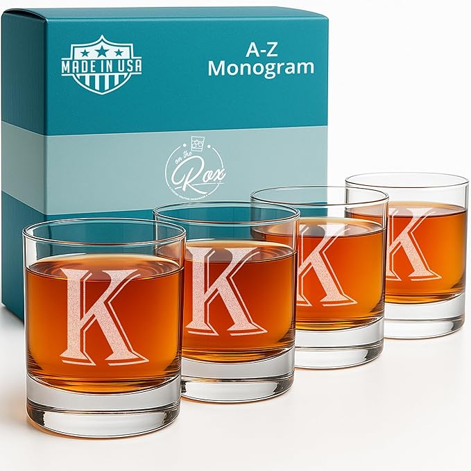 On The Rox (K-Monogram)- 4 Piece Set of 11 Ounce Engraved Heavy Base Rocks Whiskey Glasses Elegant Glass-Bourbon Multi-Purpose Beverage-Rocks Glass- Gift for any Occasion Drinks