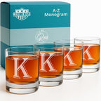 On The Rox (K-Monogram)- 4 Piece Set of 11 Ounce Engraved Heavy Base Rocks Whiskey Glasses Elegant Glass-Bourbon Multi-Purpose Beverage-Rocks Glass- Gift for any Occasion Drinks
