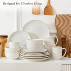 MALACASA 16 Pieces Dinnerware Sets, Modern Relief Design Plates and Bowls Sets, White Dish Set for 4, Kitchen Ceramic Dinner Plates Dishware Set, Microwave and Dishwasher Safe, Series LYDIA