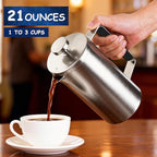 Samll French Press Coffee Maker 21OZ, Stainless Steel 600ml Coffee Press with Black Handle for Personal, Office, Travel,Camping (Sanding Silver, 1-3 Cups)