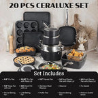 Granitestone Ceraluxe 20 Pc Ceramic Cookware Set Nonstick, Complete Pots and Pans Set Non Stick with 5 Pc Bakeware Set, Deep Frying Pan Set, & Steamer, Non Toxic PFOA Free, Oven & Dishwasher Safe