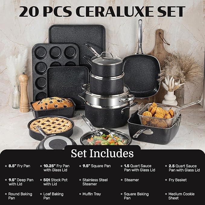 Granitestone Ceraluxe 20 Pc Ceramic Cookware Set Nonstick, Complete Pots and Pans Set Non Stick with 5 Pc Bakeware Set, Deep Frying Pan Set, & Steamer, Non Toxic PFOA Free, Oven & Dishwasher Safe