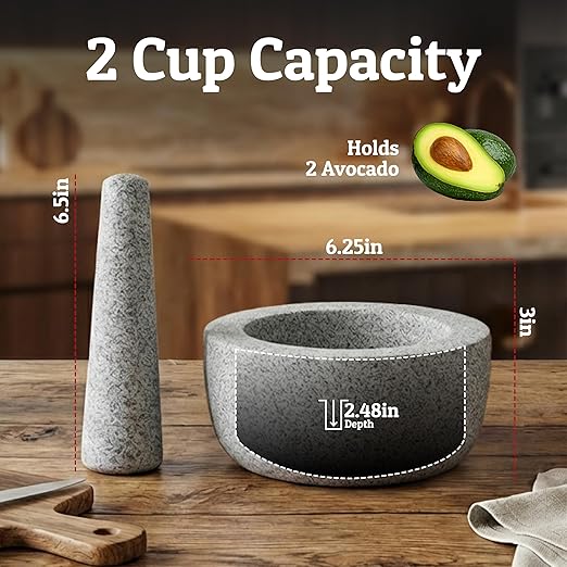 Priority Chef Heavy Duty Large Mortar and Pestle Set, Hand Carved from Natural Granite, Make Fresh Guacamole, Pesto, Stone Grinder Bowl, Herb Crusher, Spice Grinder, 6.3 Inches Wide, 2 Cup - Grey