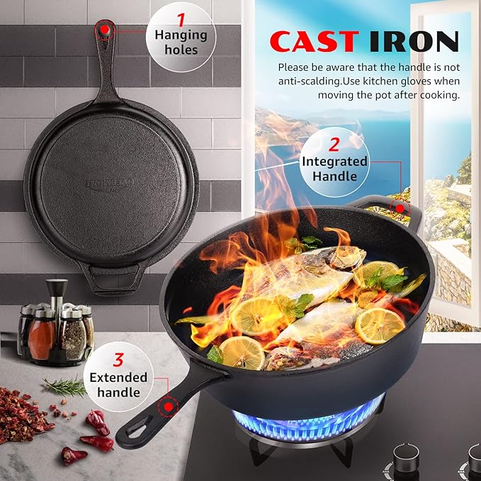 Overmont Cast Iron Skillet with Lid - 2-in-1 Cast Iron Dutch Oven - 3.2QT Deep Pot with Frying Pan - Pre-seasoned Cookware Multi Cooker Skillet - Dutch Oven Pot with Recipe for Grill Induction Stovetop Camping(10.5")