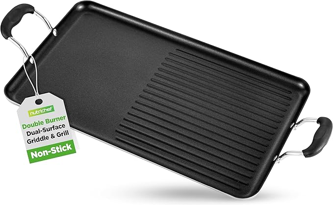 NutriChef 24" Stove Top Griddle Pan, Nonstick Double Burner Grill & Griddle Combo, Ridged & Flat Surfaces, Suitable for Frying & Searing, Cool-Touch Handles, Easy to Clean, Black