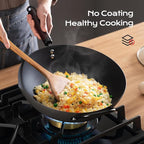Wok, 13 Inch carbon steel wok pan with steamer & stir-fry pans nonstick, Pre-Seasoned 5.8QT Flat Bottom Chinese Woks Paella Pan with lid, Carbon Steel Cookware, Compatible with All Cooktops