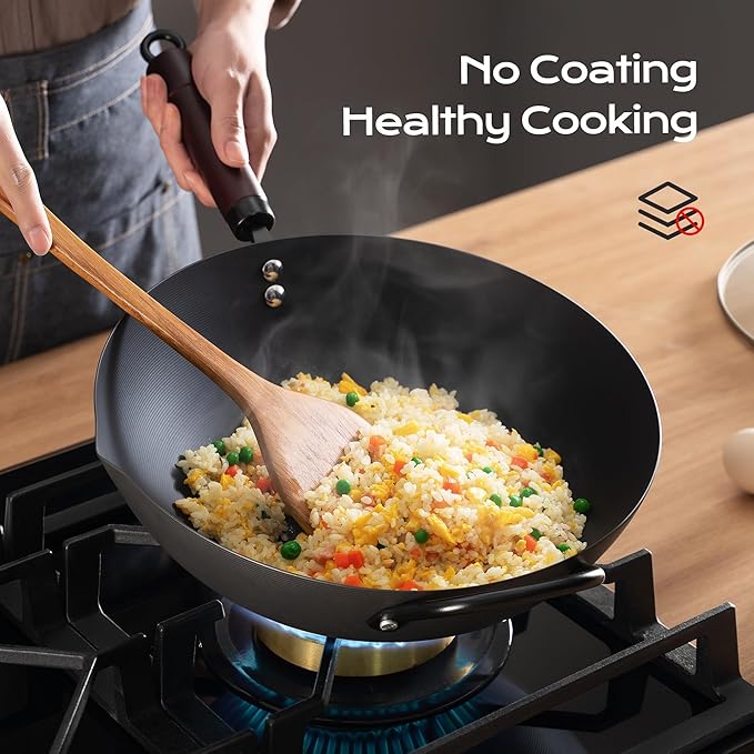 Wok, 13 Inch carbon steel wok pan with steamer & stir-fry pans nonstick, Pre-Seasoned 5.8QT Flat Bottom Chinese Woks Paella Pan with lid, Carbon Steel Cookware, Compatible with All Cooktops