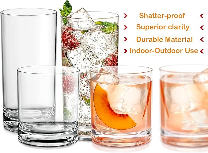 Elegant Acrylic Drinking Glasses [Set of 16] Attractive Clear Plastic Tumblers - Unbreakable Drinkware Set Ideal for Indoor and Outdoor - Kid Friendly
