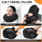 Travel Pillow Blanket Set - Hooded Neck Pillows Airplane with Portable Bag Earplugs, Memory Foam Filling, Long Flights Trip Essentials for Plane, Office, Cars Sleeping