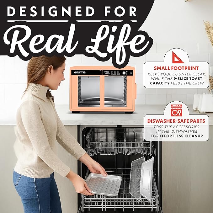 Gourmia French Door Air Fryer Oven - 37 Qt Large Capacity Convection Toaster Oven, FryForce 360°, Digital Display, 12 Cooking Presets, Dehydrate, Fits 13” Pizza, Dishwasher-Safe, Peach