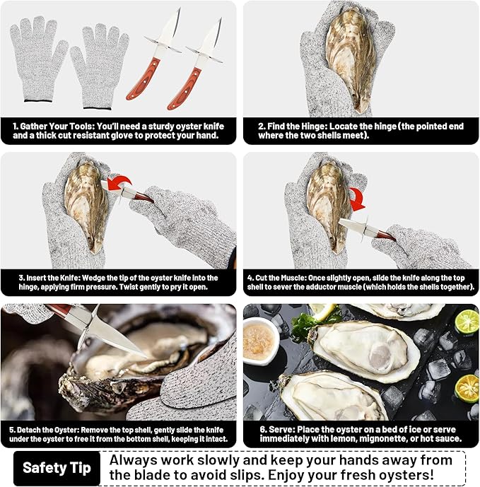 Oyster Shucking Knife Set of 2 with Cut Resistant Glove, Stainless Steel Oyster Opener Tool, Wood Handle Shellfish Shucker for Oysters Clams Scallops Mussels Seafood Tools