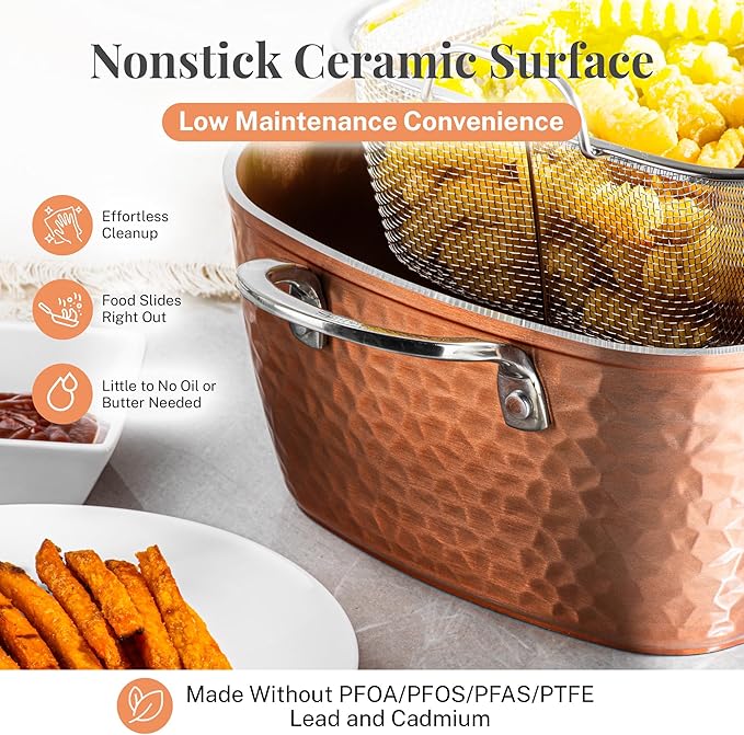 Gotham Steel Nonstick Square Deep Frying Pan, 9.5” Large Cooking Pan with Ceramic Nonstick Coating, Deep Fryer Pot with Basket, 4 Pc Titanium Ceramic with Lid, Basket & Steamer Tray, Dishwasher Safe