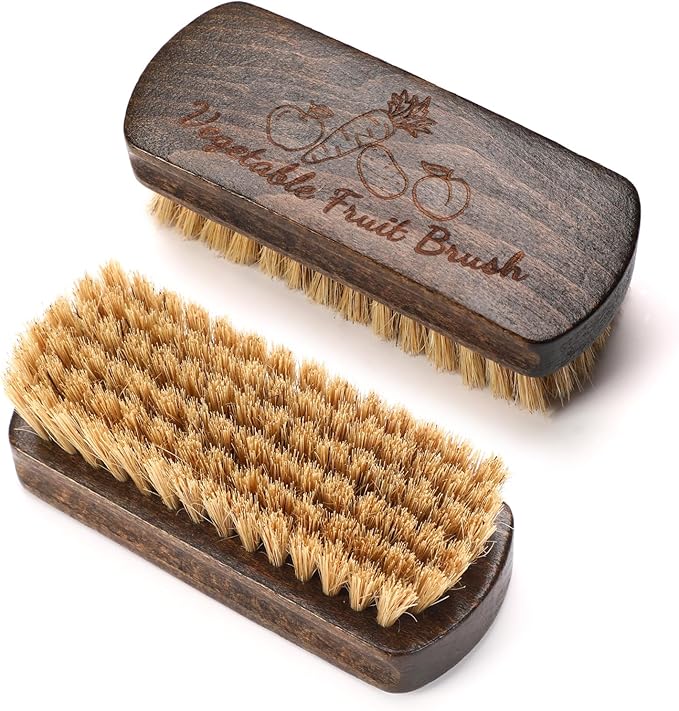 Vegetable Brush Set - 2 Pack, Potato Scrubber, Carrot, Corn & Mushroom Brush with Wood Handle