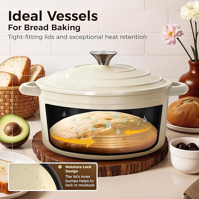 Kitchen Academy Enameled Cast Iron Cookware Sets - 7Pcs Pots and Pans Set Non Toxic, Induction Cooking Pots Set, PFOA&PFAS Free(Beige)