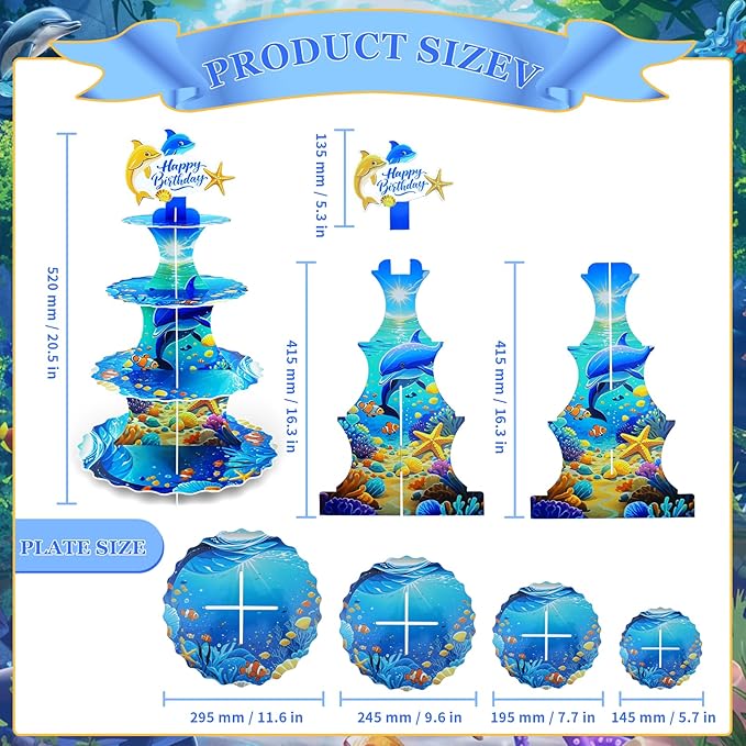 AMZWKT 4-Tier Extra Large Happy Birthday Under The Sea Ocean Cardboard Cupcake Stand Ocean Themed Birthday Party Decorations for Boys Girls First Baby Shower Baby Shark Decoration ﻿ ﻿
