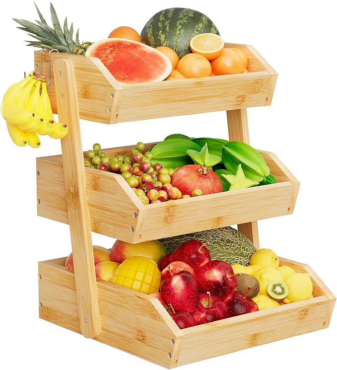 Bamboo 3 Tier Fruit Basket For Counter, Large Capacity Fruit Storage Countertop, Fruit Holder, Wooden Pantry Organizers and Storage, Kitchen Countertop Organizer With Two Banana Hangers (Bamboo)