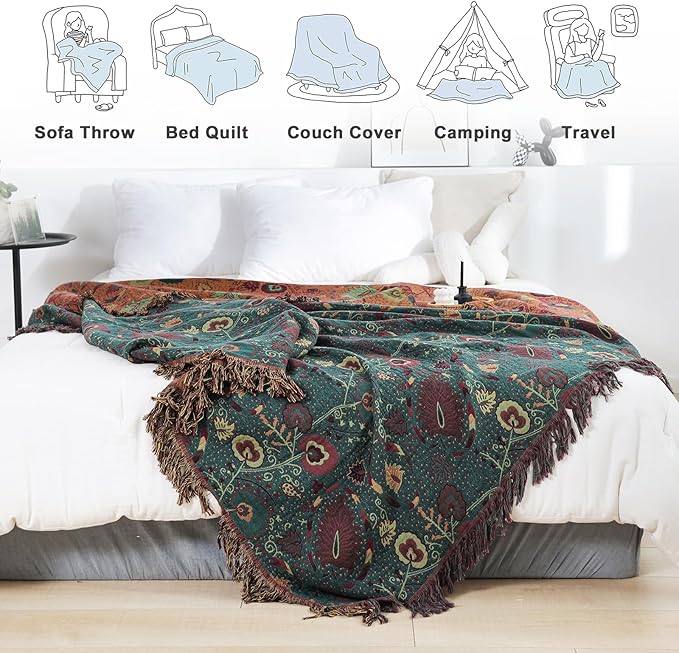 MSGKV Cotton Bed Blanket for Couch and Sofa Blankets for Living Room Bedroom Reversable Florals Throw 80"x90" Breathable Cozy Boho Blankets