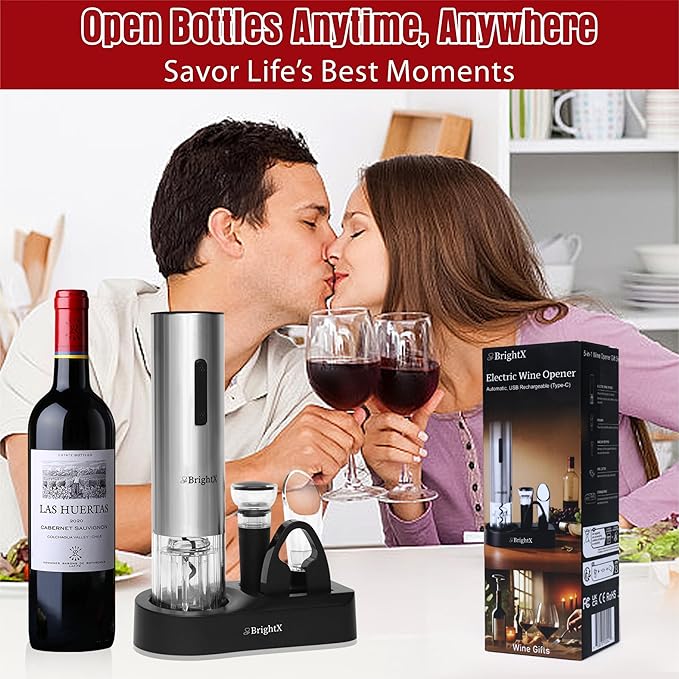 BRIGHTX Premium Electric Wine Bottle Opener Gift Set – Rechargeable Cork Screw with Foil Cutter & Charging Base – Automatic Cork Remover, Wine Accessories Kit | Best Wine Gifts for Wine Lovers, Women